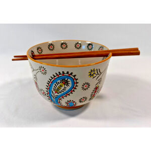 Yokohama Miyabi Bowl Chopsticks Set Noodle Pho White Blue Hand Painted Flowers